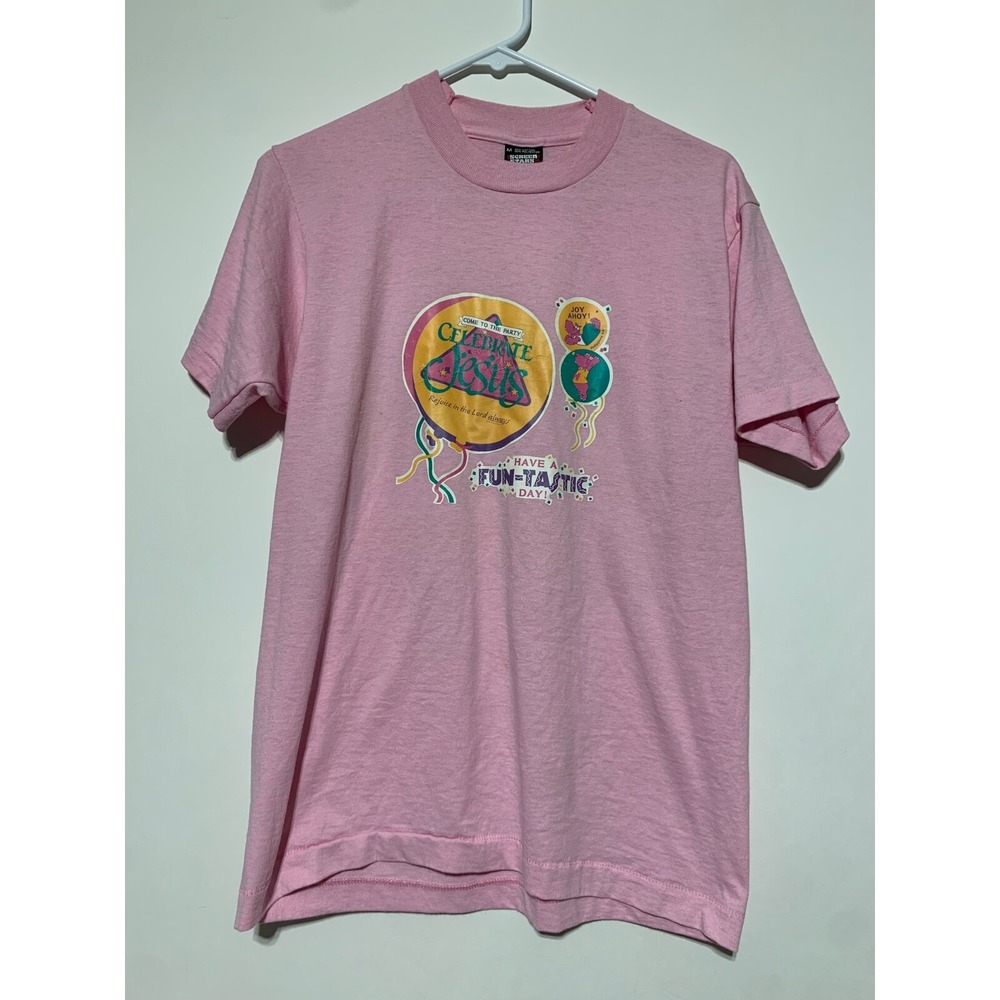 Screen Stars Best Women Size M Pink Celebrate Jesus Graphic Short Sleeve Shirt